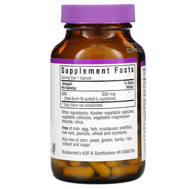 NAC (N-ацетил-L-цистеїн), Bluebonnet Nutrition, 500 мг, 90 рослинних капсул