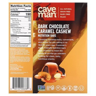 Caveman Foods, Харчові батончики, чорний шоколад, карамель, кешью, 12 батончиків, 1,41 унції (40 г) кожен