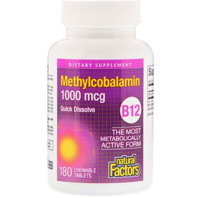 B12 метилкобаламин, Natural Factors, 1000 мкг, 180 жевательных таблеток купить в Киеве и Украине