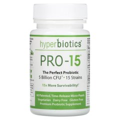 PRO-15, ідеальний пробіотик, 5 млрд КУО, Hyperbiotics, 60 запатентованих таблеток з повільним вивільненням