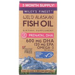 Аляскинський риб'ячий жир, пренатальна ДГК, Wiley's Finest, 600 мг, 180 рибних м'яких капсул