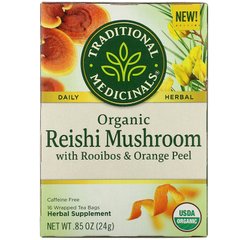 Органічний гриб рейши з ройбуш і апельсиновою цедрою, без кофеїну, Organic Reishi Mushroom with Rooibos & Orange Peel, Caffeine Free, Traditional Medicinals, 16 пакетиків чаю в упаковці, 0,85 унції (24 г)