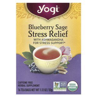 Yogi Tea, Stress Relief, чай із лохиною й шавлією, без кофеїну, 16 чайних пакетиків, 32 г (1,12 унції)
