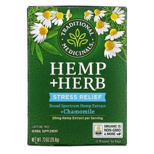 Traditional Medicinals, Коноплі + трава, зняття стресу, + ромашка, без кофеїну, 20 мг, 16 чайних пакетиків в упаковці, 0,73 унції (20,8 г)