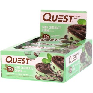 Протеиновый батончик, кусочек мятного шоколада, Protein Bar, Mint Chocolate Chunk, Quest Nutrition, 12 батончиков по 2,12 унции (60 г) каждый купить в Киеве и Украине