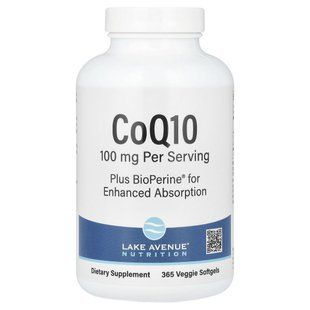 Coenzyme Q10, CoQ10 with BioPerine, Lake Avenue Nutrition, 100 mg, 365 vegetable soft capsules.