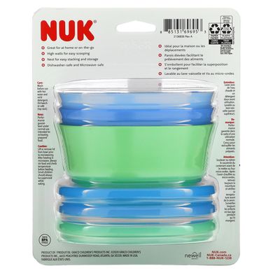 NUK, Миски для штабелювання, 4+ місяців, синій та зелений, 3 чаші + 3 кришки