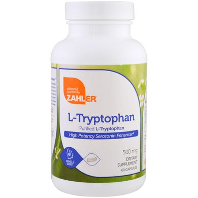 L-триптофан, очищений L-триптофан, Zahler, 500 мг, 60 капсул
