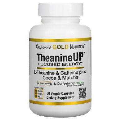 Теанін для концентрації та енергії та кофеїном California Gold Nutrition (TheanineUP Focused Energy L-Theanine & Caffeine) 60 вегетаріанських капсул