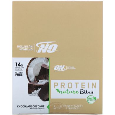 Протеїнові батончик, шоколад і кокос, Protein Nature Bites, Optimum Nutrition, 9 шт по 56 г (1,97 унції) кожен