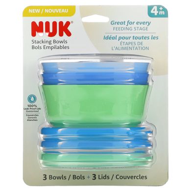 NUK, Миски для штабелювання, 4+ місяців, синій та зелений, 3 чаші + 3 кришки