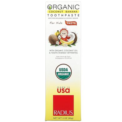 Органічна дитяча кокосова зубна паста USDA, кокосовий банан, від 6 місяців, RADIUS, 48 г (1,7 унції)