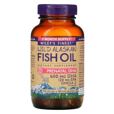 Аляскинський риб'ячий жир, пренатальна ДГК, Wiley's Finest, 600 мг, 180 рибних м'яких капсул
