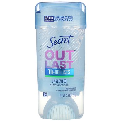48-годинний прозорий гель-дезодорант, без запаху, Outlast, 48 Hour Clear Gel Deodorant, Unscented, Secret, 73 г