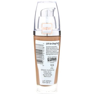 Тональна основа True Match Healthy Luminous Makeup, SPF 20, відтінок W6 сонячний бежевий, L'Oreal, 30 мл