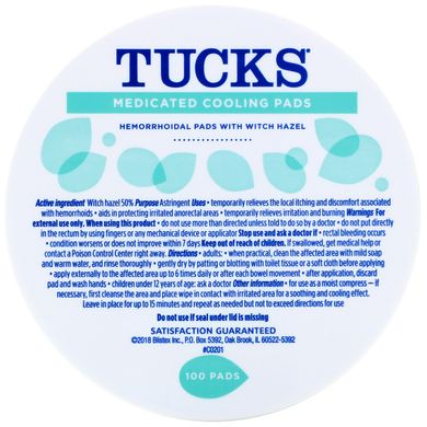 Просочені медикаментами охолоджуючі подушечки, Tucks, 100 подушечок