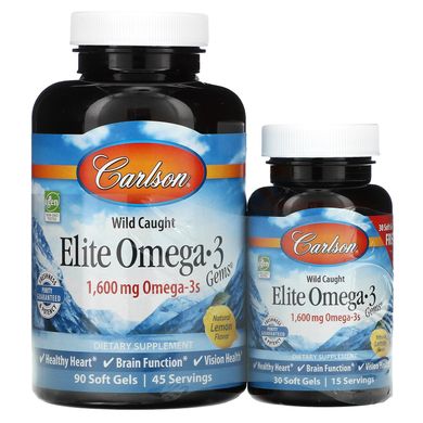 Омега 3, Elite Omega-3 Gems, зі смаком лимона, Natural Lemon Flavor, Carlson Labs, 1600 мг, 90 + 30 (безкоштовних) м'яких таблеток