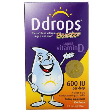 Booster, вітамін D3 в рідкій формі, Ddrops, 600 МО, 2,8 мл (0,09 унцій)