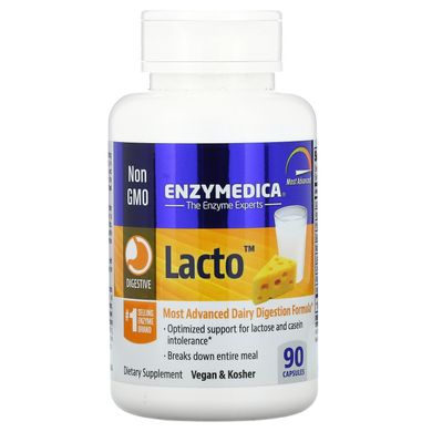 Lacto, найпросунутіша формула для засвоєння молочних продуктів, Enzymedica, 90 капсул