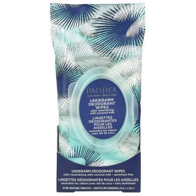 Pacifica, Deodorant wipes for underarms with coconut milk and essential oils, 30 pre-moistened wipes.