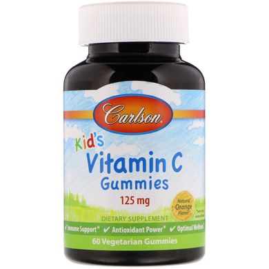 Дитячі жувальні цукерки з вітаміном С, Kid s Vitamin C Gummies Natural Orange Flavor, Carlson Labs, 125 мг, 60 вегетаріанських жувальних цукерок