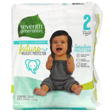 Підгузки для чутливого захисту, Sensitive Protection Diapers, Seventh Generation, Розмір 2, 12-18 фунтів, 31 підгузник