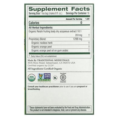 Organic Reishi Mushroom with Rooibos & Orange Peel, Caffeine Free, Traditional Medicinals, 16 tea bags in a package, 0.85 oz (24 g)
