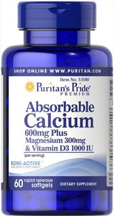 Абсорбируемый кальций плюс магний + Витамин D, Absorbable Calcium plus Magnesium, Puritan's Pride, 600 мг/300 мг, 60 капсул купить в Киеве и Украине