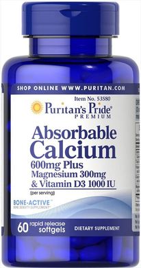 Абсорбуючий кальцій плюс магній + Вітамін Д3, Absorbable Calcium plus Magnesium, Puritan's Pride, 600 мг / 300 мг, 60 капсул