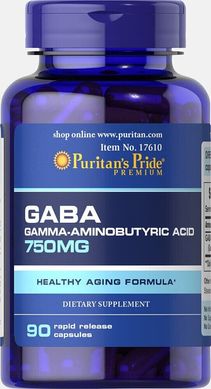 ГАМК гамма-аміномасляна кислота, GABA Gamma Aminobutyric Acid, Puritan's Pride, 750 мг, 90 капсул