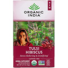 Чай Тулса, Гібіскус, без кофеїну, Tulsi Tea, Hibiscus, Caffeine-Free, Organic India, 18 інфузійних пакетів, 1,27 унції (36 г)