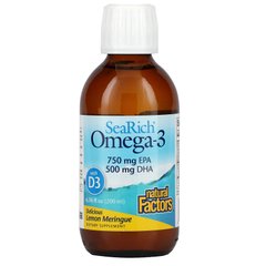 Natural Factors, SeaRich Omega-3 с витамином D3, вкусное лимонное безе, 6,76 жидких унций (200 мл) купить в Киеве и Украине