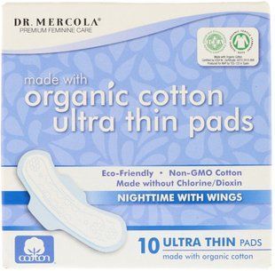 Organic ultra-thin cotton pads, night with wings, Dr. Mercola, 10 pads