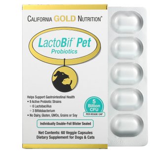 Пробиотики для животных California Gold Nutrition (LactoBif Pet) 5 миллиардов КОЕ 60 овощных капсул купить в Киеве и Украине