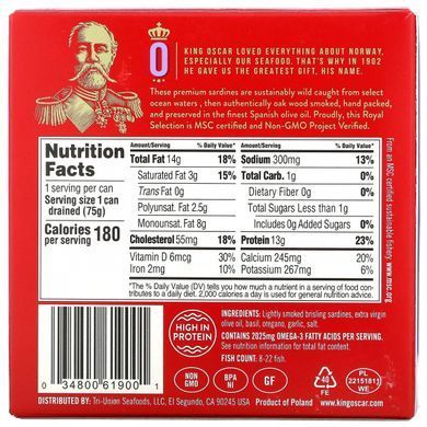 King Oscar, Sardines in first cold pressed olive oil with basil, oregano and garlic, 3.75 ounces (106 g)