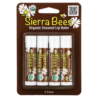 Органический бальзам для губ Sierra Bees (Organic Lip Balm) 4 штуки в упаковке кокос купить в Киеве и Украине