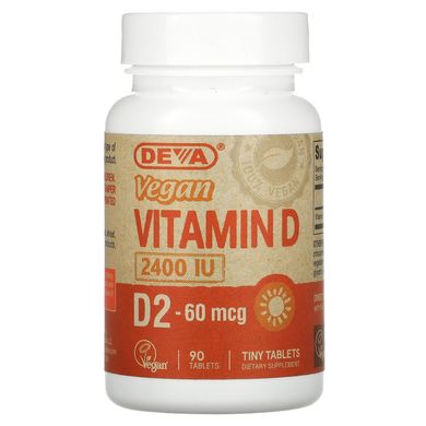 Вітамін D, D2, веганський, Deva, 2400 МО, 90 таблеток
