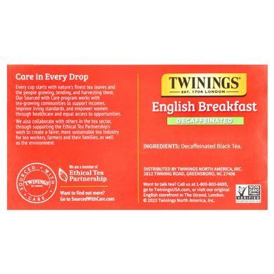 Twinings, English Breakfast, decaffeinated, 50 tea bags, 3.53 oz (100 g).