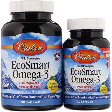Омега-3 Carlson Labs (EcoSmart Omega-3) 1000 мг 90 + 30 капсул зі смаком лимона