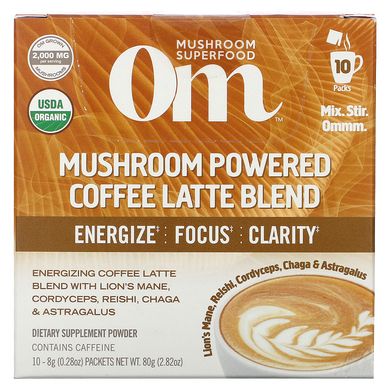 Суміш кави латте з грибами, Mushroom Powered Coffee Latte Blend, Om Mushrooms, 10 пакетів по 8 г (0,28 унції) кожен