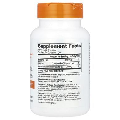 Горькая настойка из бетаина гидрохлорида, пепсина и генцианы, Betaine HCl, Pepsin & Gentian Bitters, Doctor's Best, 360 капсул купить в Киеве и Украине