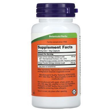 Гинкго Билоба Now Foods (Ginkgo Biloba) 60 мг 60 капсул купить в Киеве и Украине