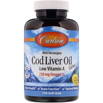 Риб'ячий жир з печінки тріски Carlson Labs (Cod liver oil) 1000 мг 150 капсул зі смаком лимона