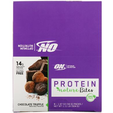 Протеїнові батончики, шоколадний трюфель, Protein Nature Bites, Chocolate Truffle, Optimum Nutrition, 9 батончиків