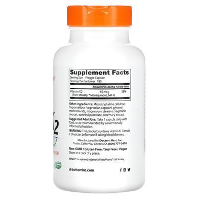 Натуральный витамин K2, Natural Vitamin K2 MK7 with MenaQ7&reg;, Doctor's Best, 45 мкг, 180 вегетарианских капсул купить в Киеве и Украине