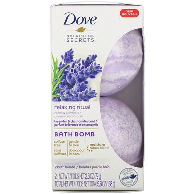 Живильні секрети, бомбочки для ванн, аромат лаванди і ромашки, Nourishing Secrets, Bath Bombs, Lavender and Chamomile Scent, Dove, 2 бомби для ванн по 2,8 унції (79 г) кожна