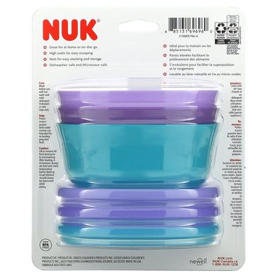 NUK, Миски для штабелирования, от 4 месяцев, фиолетовый и бирюзовый, 3 чаши + 3 крышки купить в Киеве и Украине