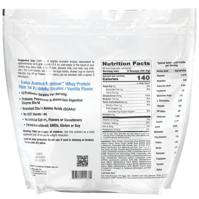 Сироватковий протеїн + пробіотики з ванільним смаком, Whey Protein + Probiotics, Vanilla Flavor, Lake Avenue Nutrition, 2,27 кг
