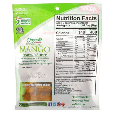 Mariani Dried Fruit, органічні плоди манго, несульфовані, 113 г (4 унції)