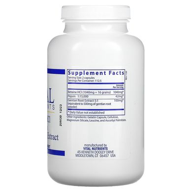 Vital Nutrients, Бетаїн HCl, пепсин, екстракт кореня тирличу, 225 капсул